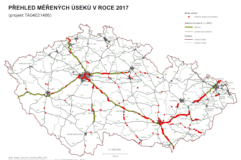 Map of experimental sites in the Czech republic (overview of measured sections between the years 2012 - 2014 project TA01030459)